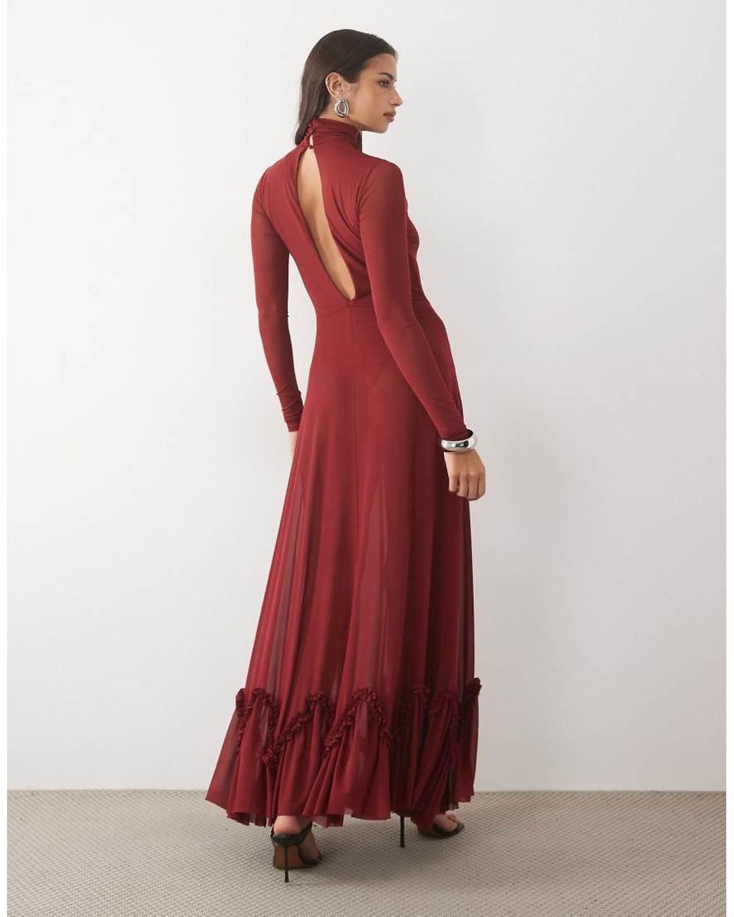 AFRM Red Kiva Mesh With Bodysuit Lining Open Back Ruffle Hem Detail Maxi Dress