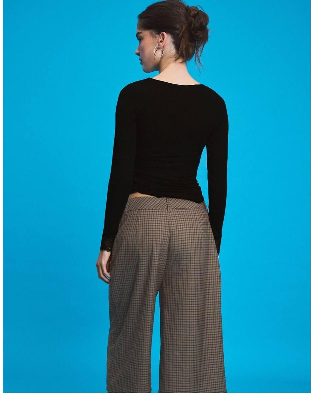 Stradivarius Blue Check Crossover Waist Smart Bermuda Shorts