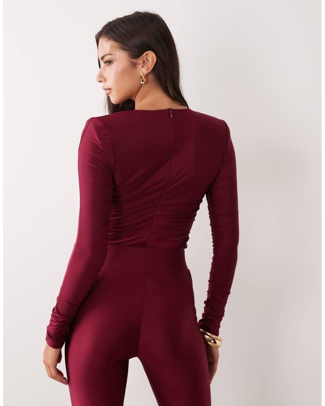 Ruched & Ready Red Sculpted High Shine Gold Hardware Detail Bodysuit Co-ord