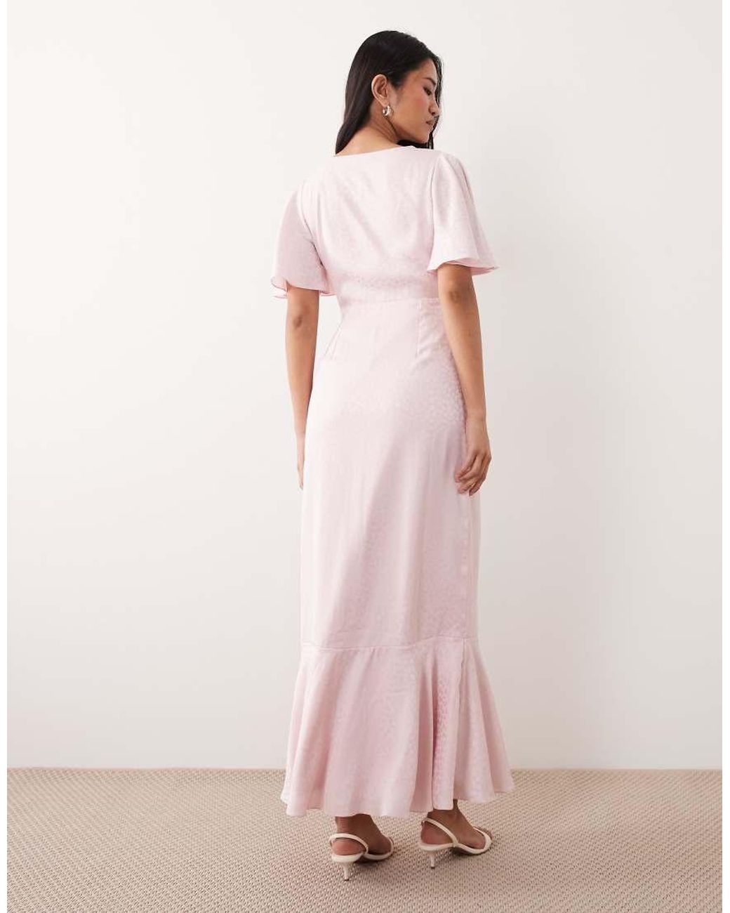 LACE & BEADS Pink Satin Jacquard V Neck Ruffle Hem Maxi Dress