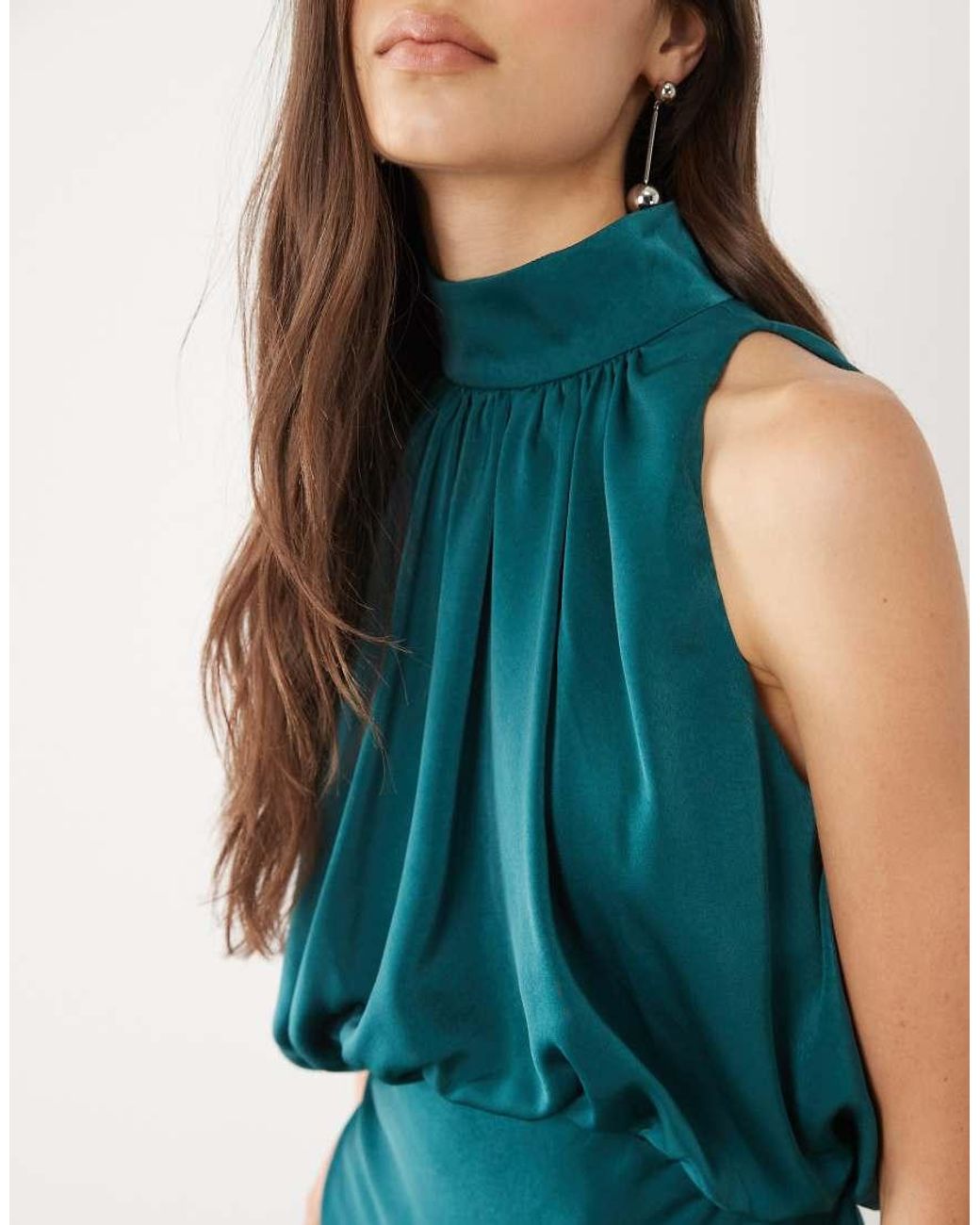 ASOS Blue Asos Design Tall Halterneck Blouson Satin Maxi Dress