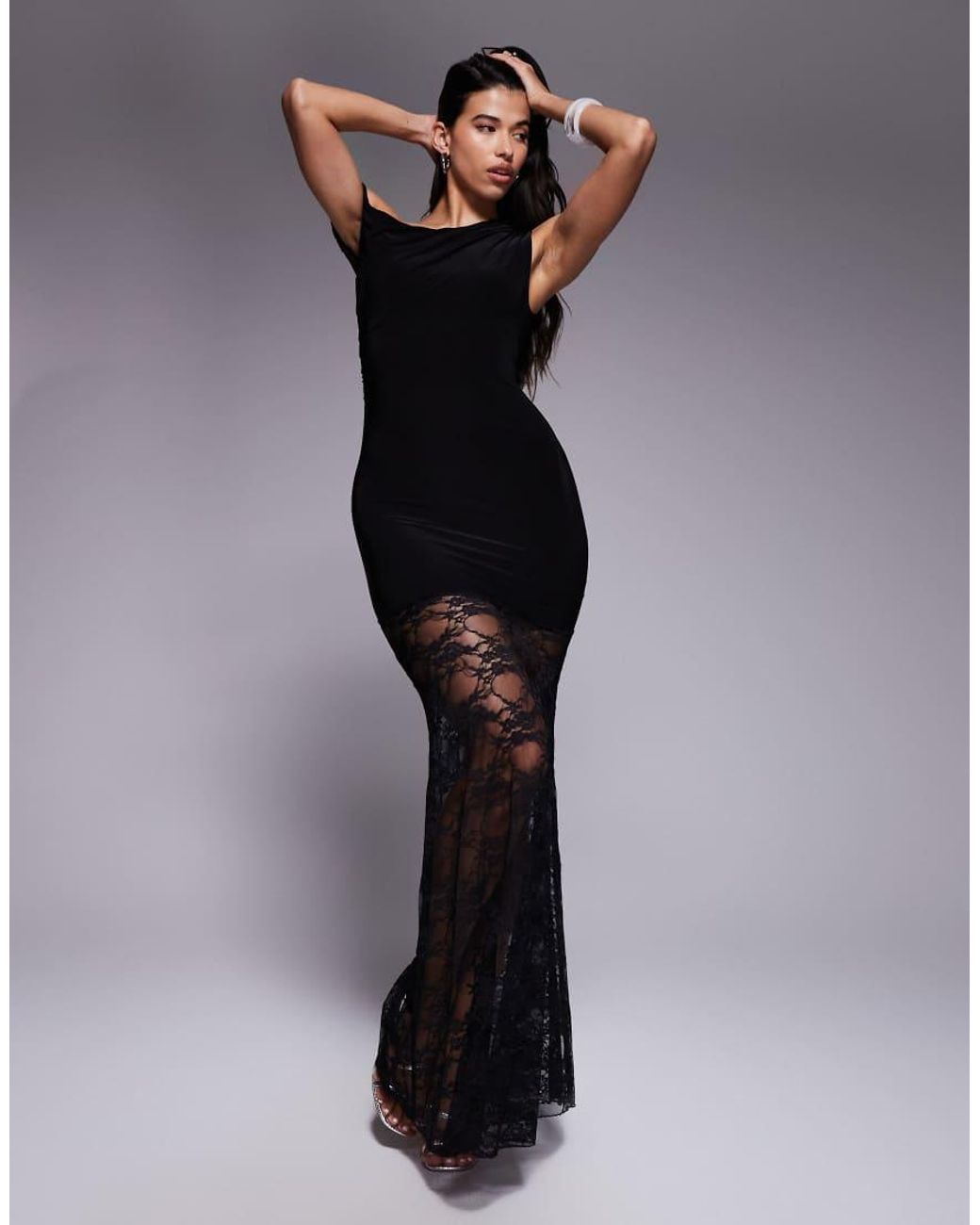 Kaiia Gray Exclusive Double Layered Slinky Twist Off Shoulder Asymmetric Sheer Lace Skirt Maxi Dress