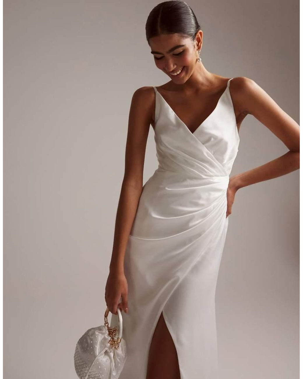 ASOS White Constance Satin Wrap Front Cami Wedding Dress With Low Back In