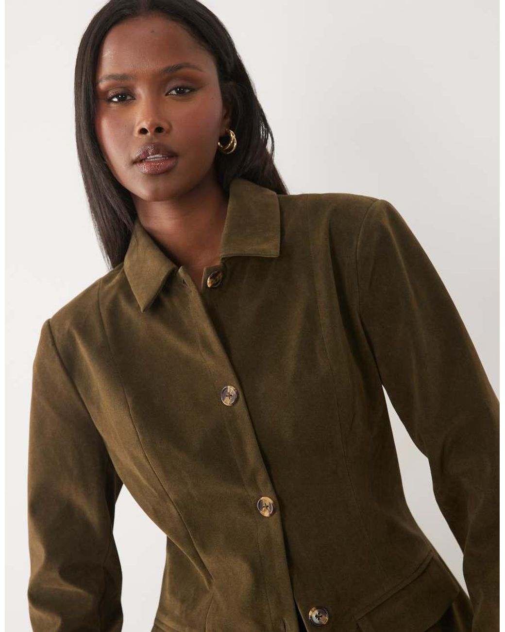 Kaiia Green Exclusive Faux Suede Cinched Waist Longline Blazer