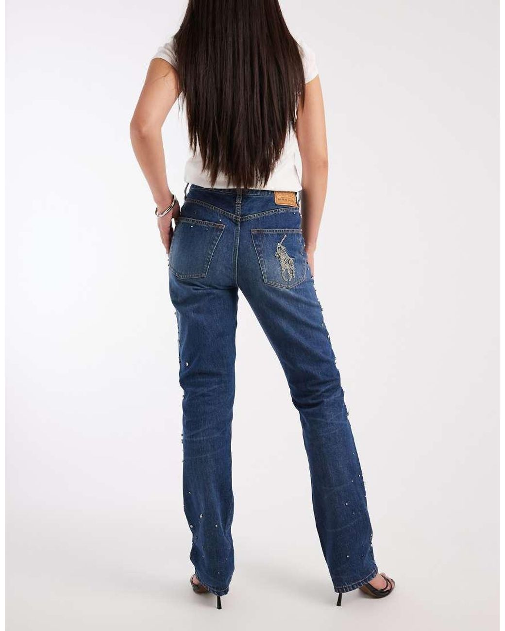 Polo Ralph Lauren Blue Lugo Wash Jewel Detail Wide Leg Jeans