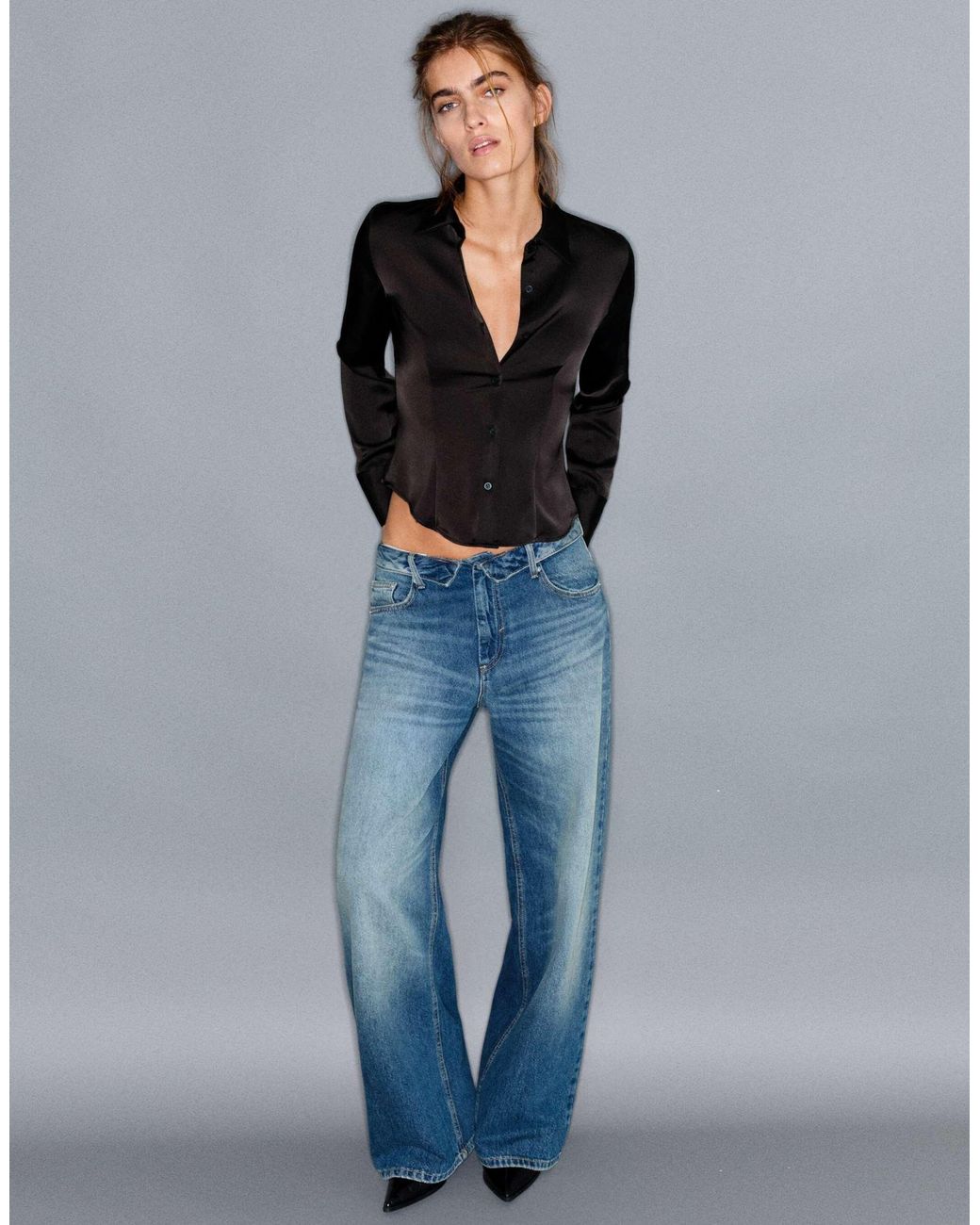 Chemise ajustée en satin e Pull&Bear en coloris Black