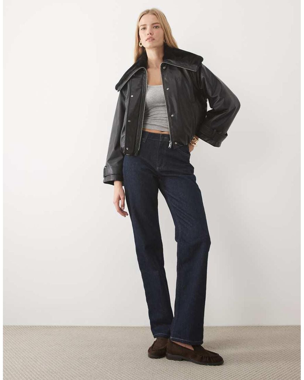 Calvin Klein Gray Faux Leather Bomber Jacket With Collar Detail