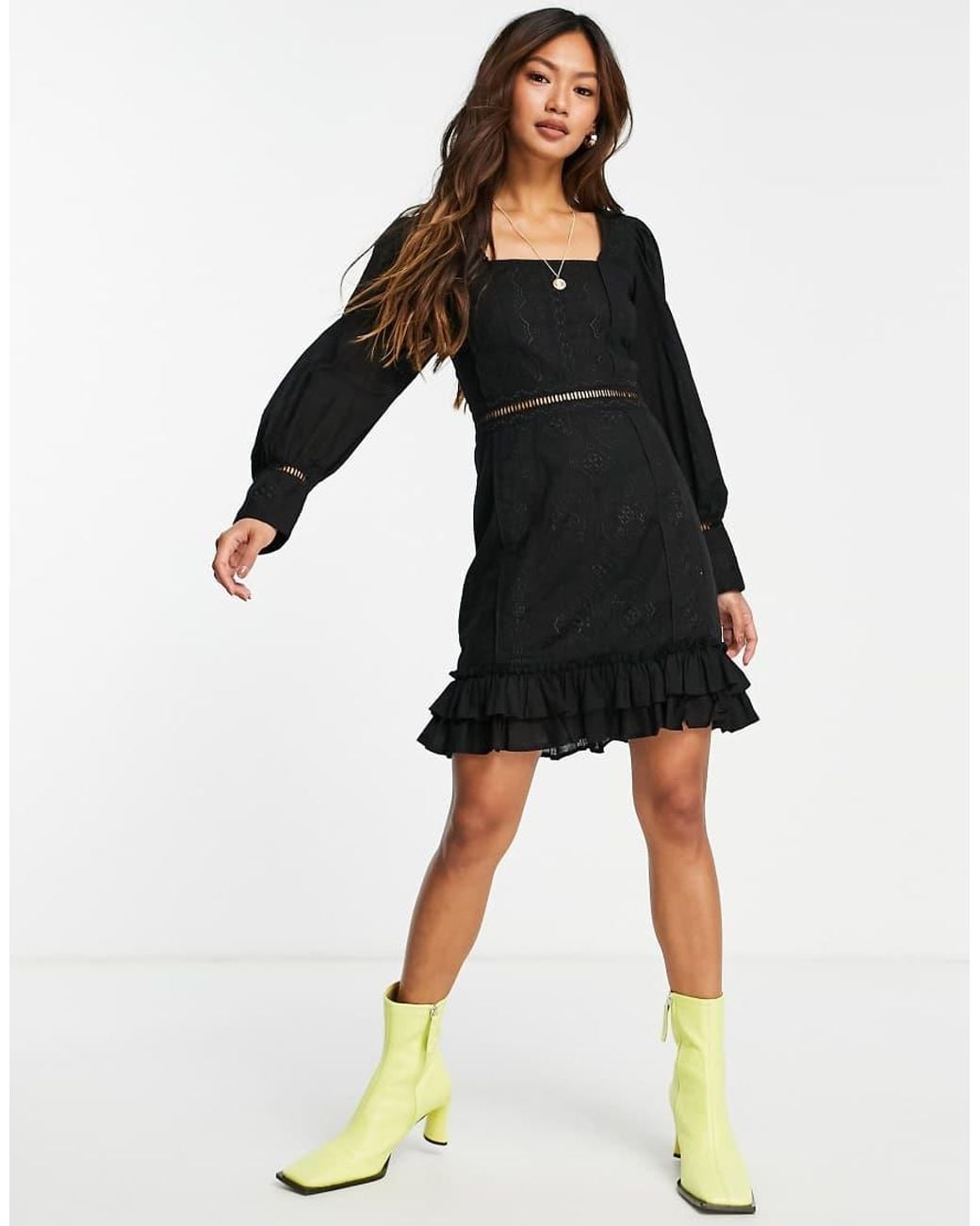 ASOS Black Embroidered Square Neck Lace Trim Mini Dress