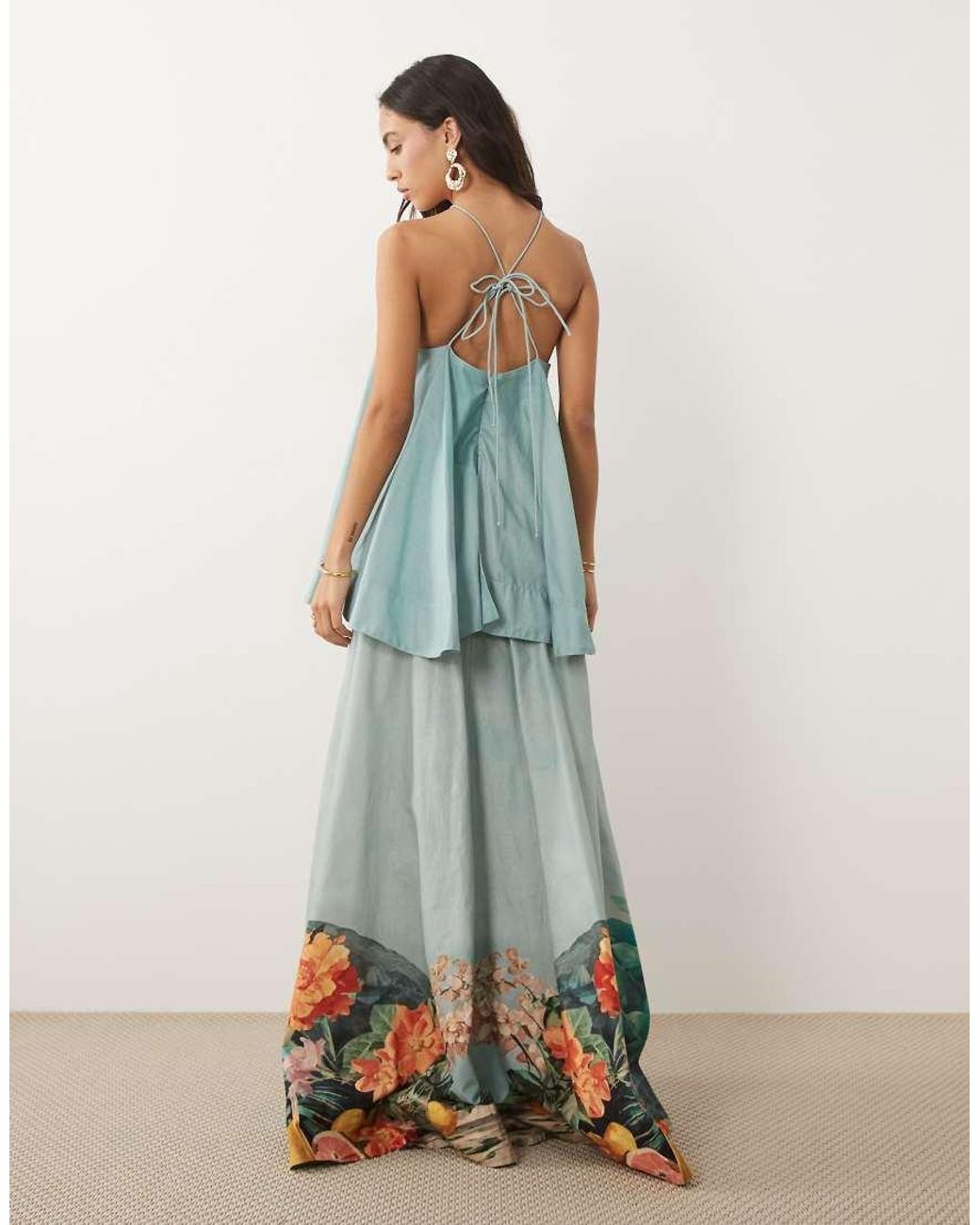 ASOS Blue Halter Volume Double Layer Open Back Maxi Dress