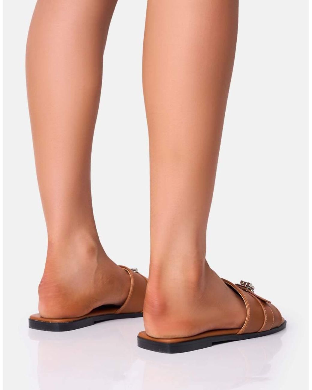 Public Desire Radiance Wide Fit Brown Buckle Trim Flat Sandals