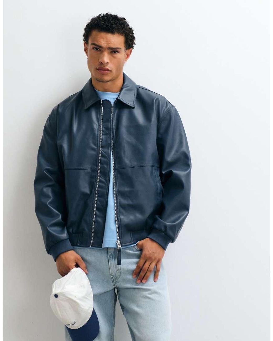 ASOS Blue Faux Leather Oversized Bomber Jacket for men
