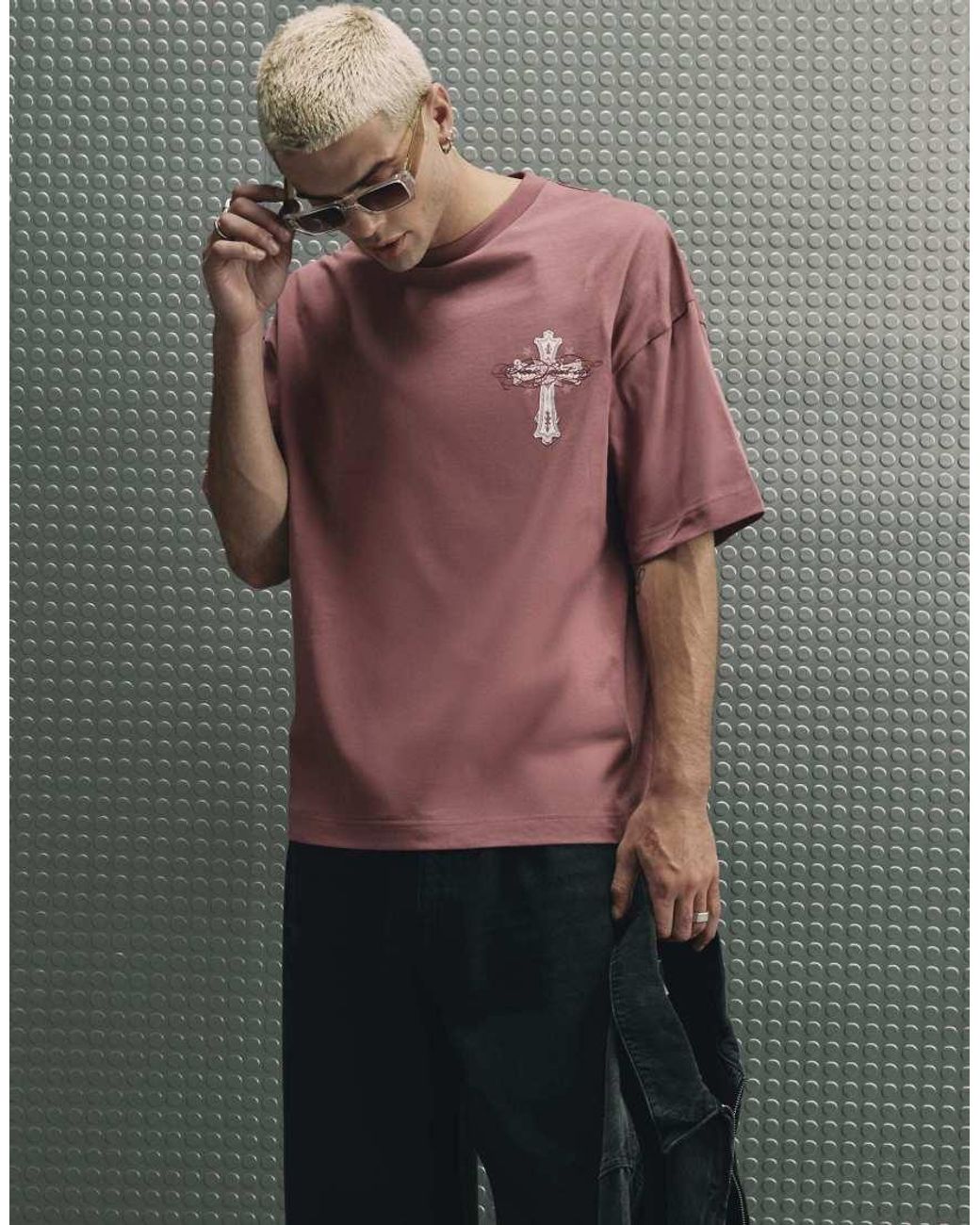 River Island Gray Cotton Ame Saint Cross T-Shirt for men