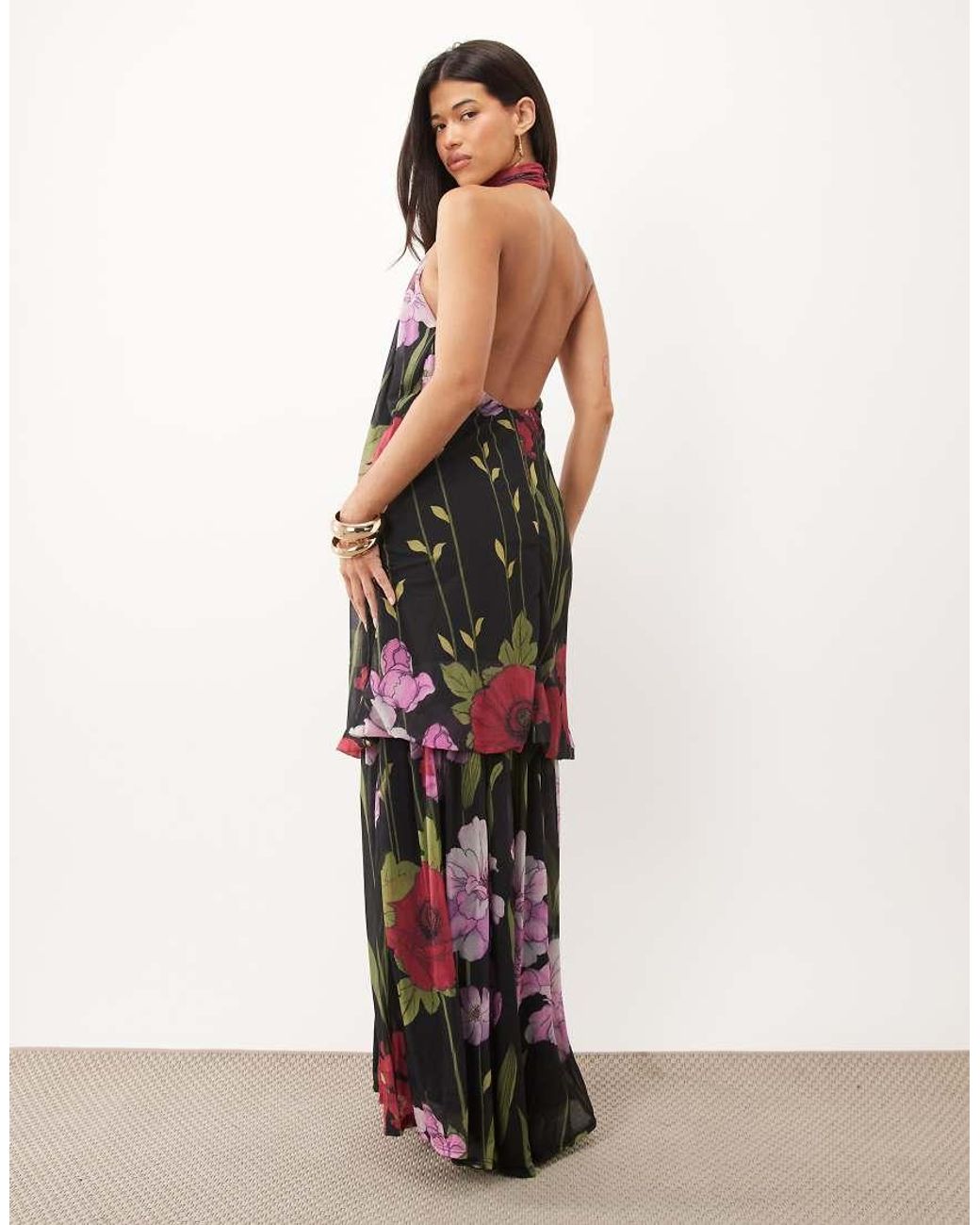 ASOS White Dropped Hem Printed Stretch Chiffon Halter Maxi Dress