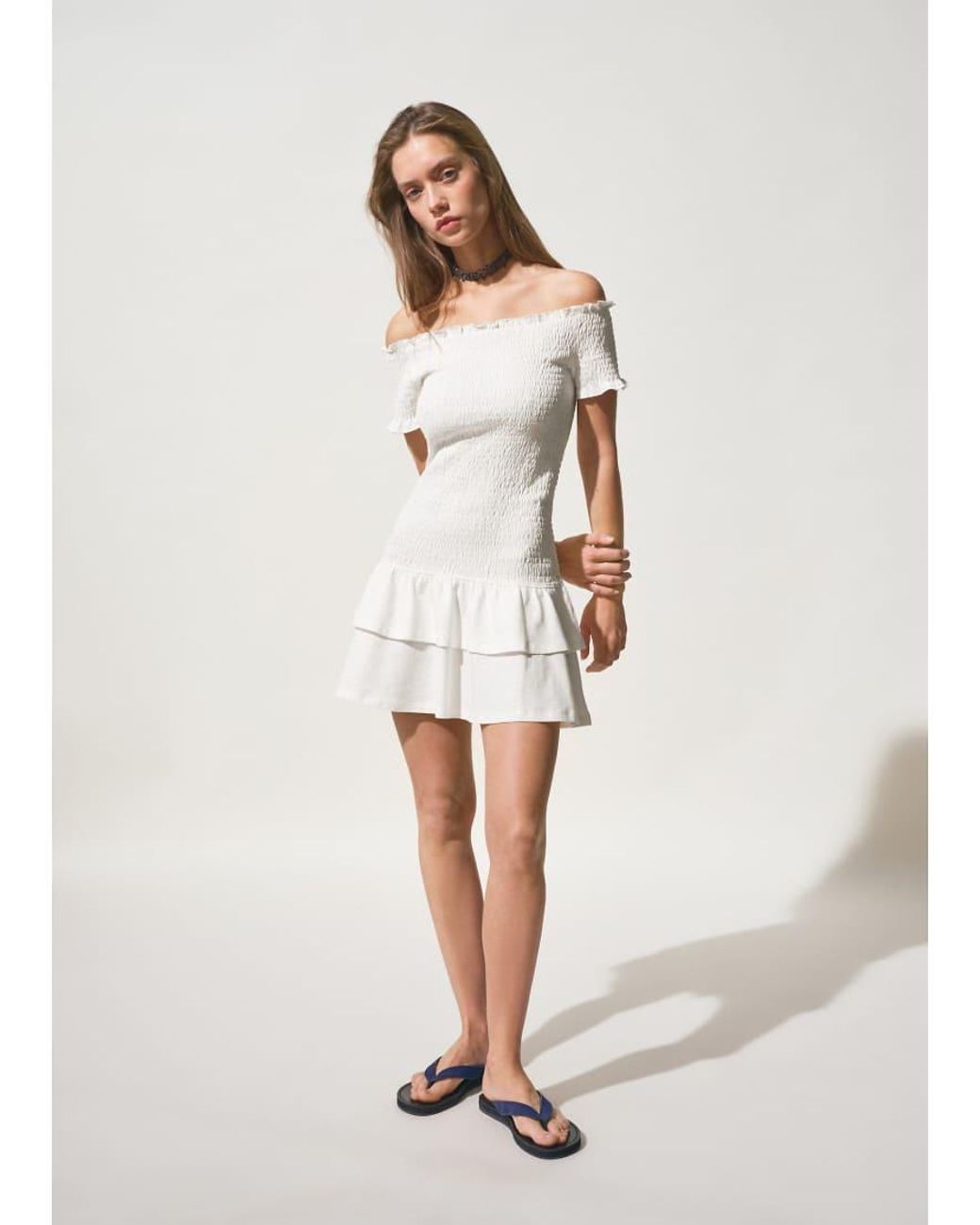 Mango White Teen Crinkle Off Shoulder Mini Dress With Ruffle Hem