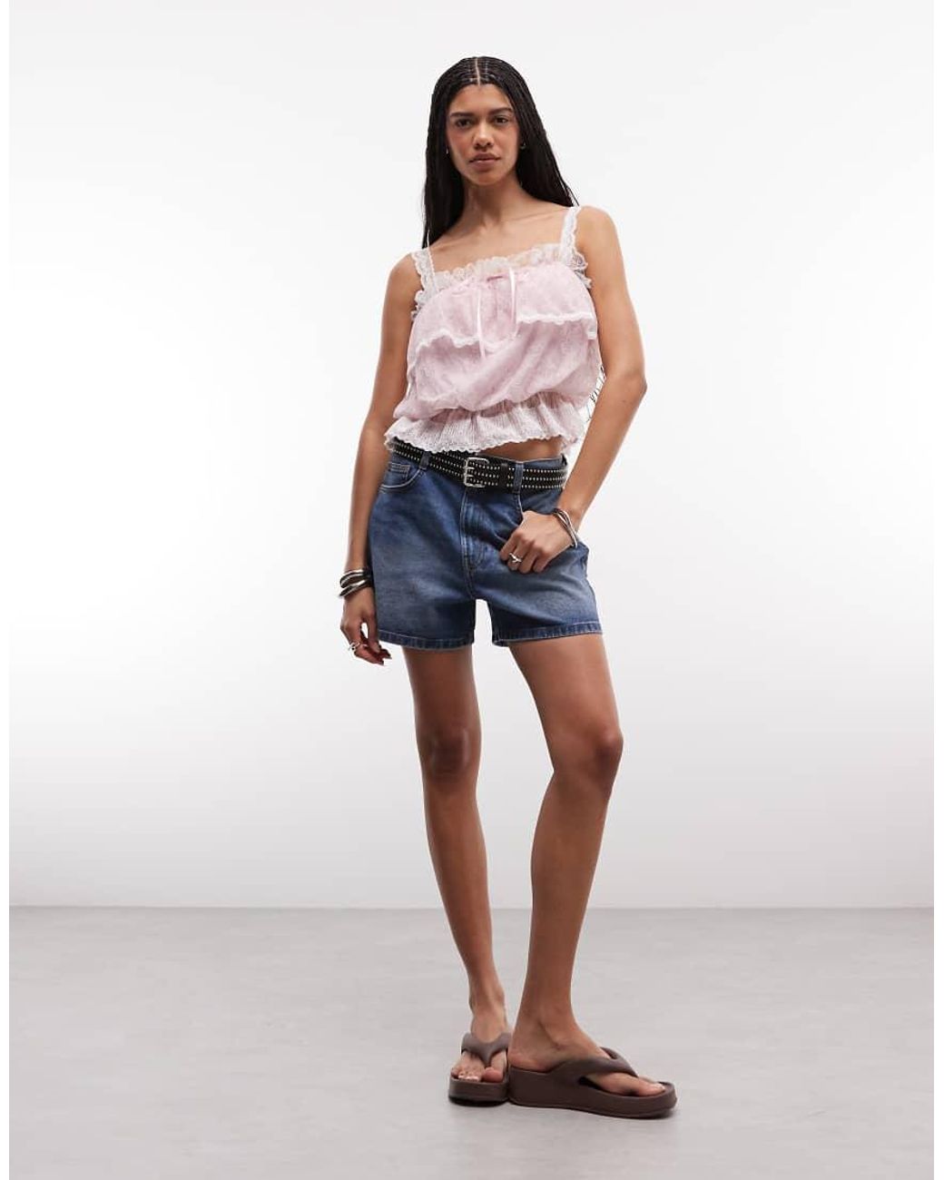 Daisy Street Pink Ruffle Lace Boho Top With Bow