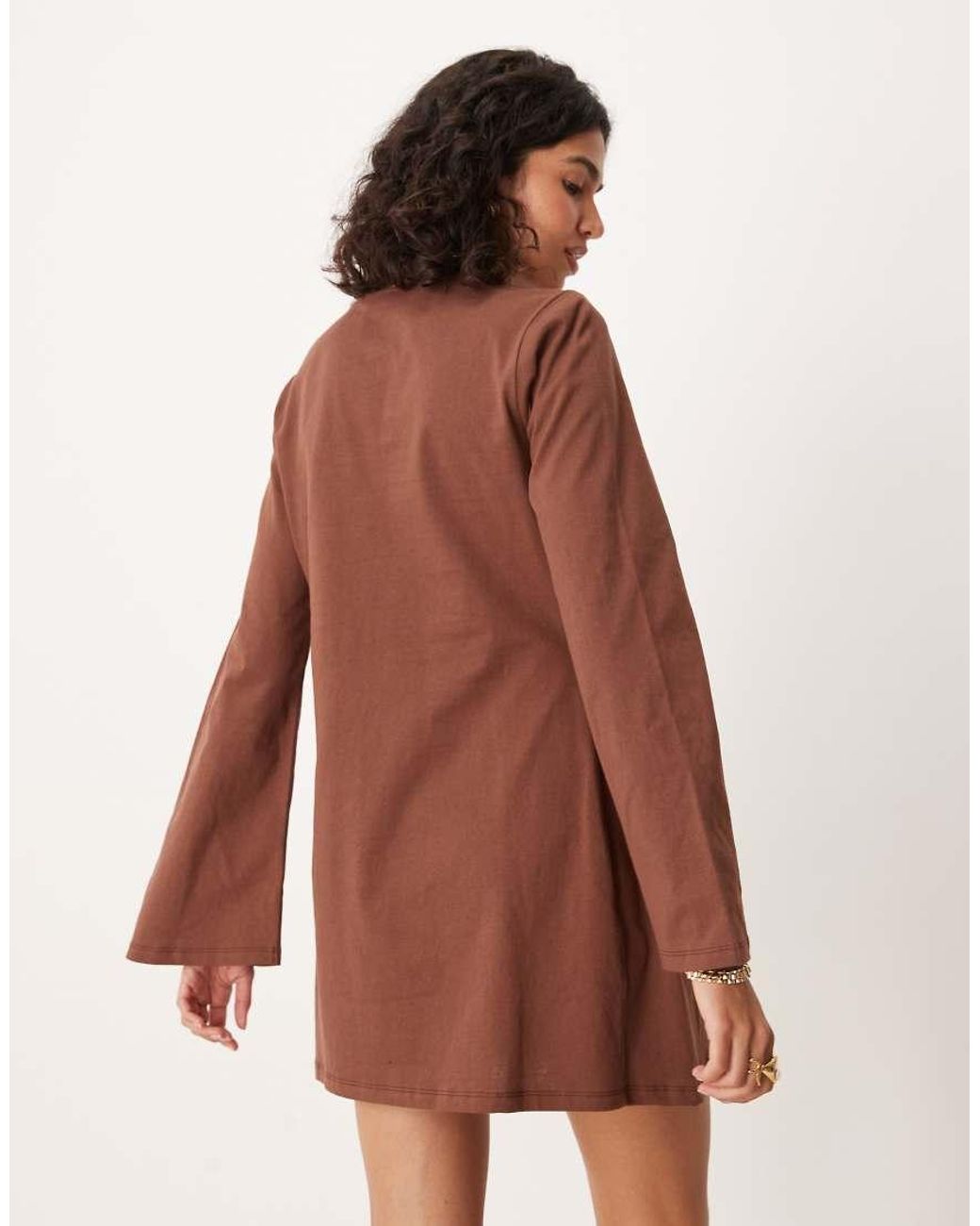 ASOS Brown Tie Side Cinched Mini Dress With Long Sleeve
