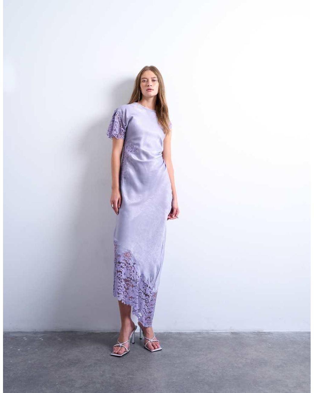 TOPSHOP Purple Lace Insert Grown On Shoulder Midi Dress