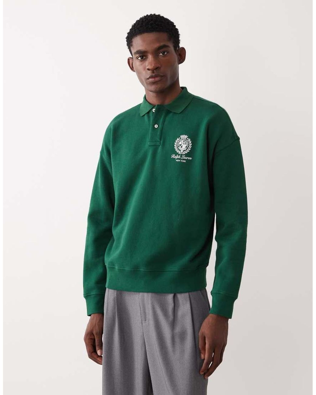 Polo Ralph Lauren Green Icon Logo Long Sleeve Collared Sweatshirt for men