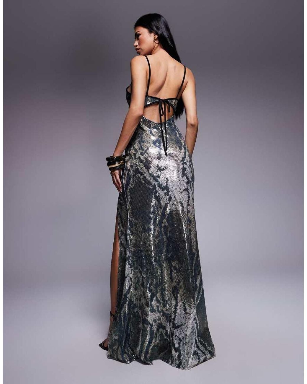 ASOS Gray Printed Sequin Maxi Dress With Split
