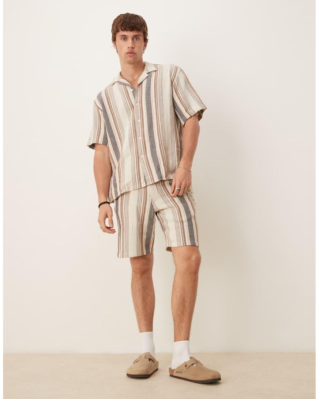 SELECTED Gestreepte Short Van 100% Katoen Met Textuur in het Natural voor heren