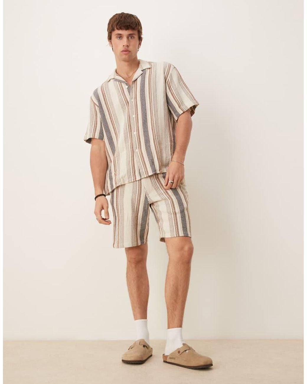 SELECTED Natural 100% Cotton Co-ord Textured Stripe Shorts for men