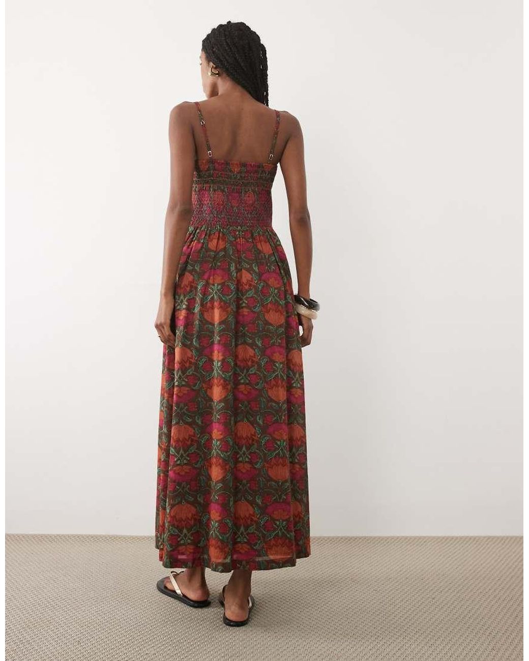 Abercrombie & Fitch Brown Scoop Neck Dipped Waist Midaxi Dress With Bold Floral Print