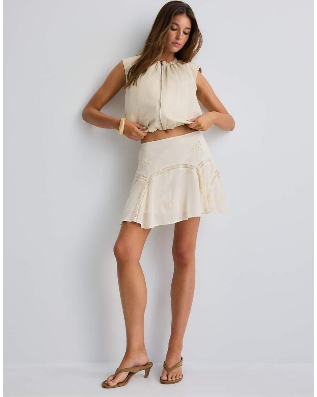Stradivarius Natural Embroidered Godet Mini Skirt