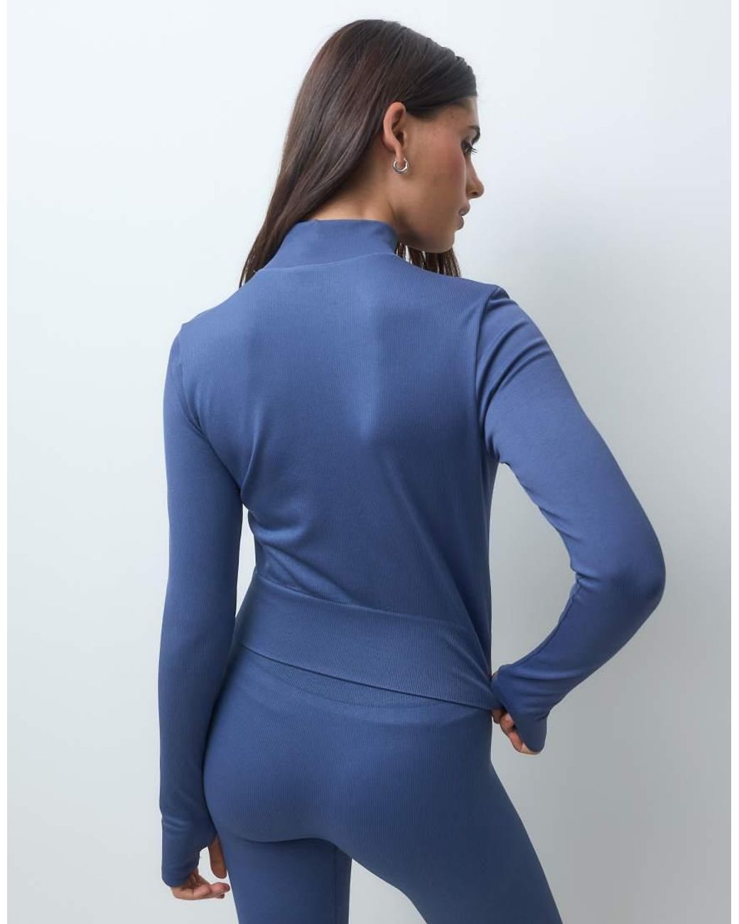 4505 Blue Seamless Baby Rib Cropped Zip Up Long Sleeve Top