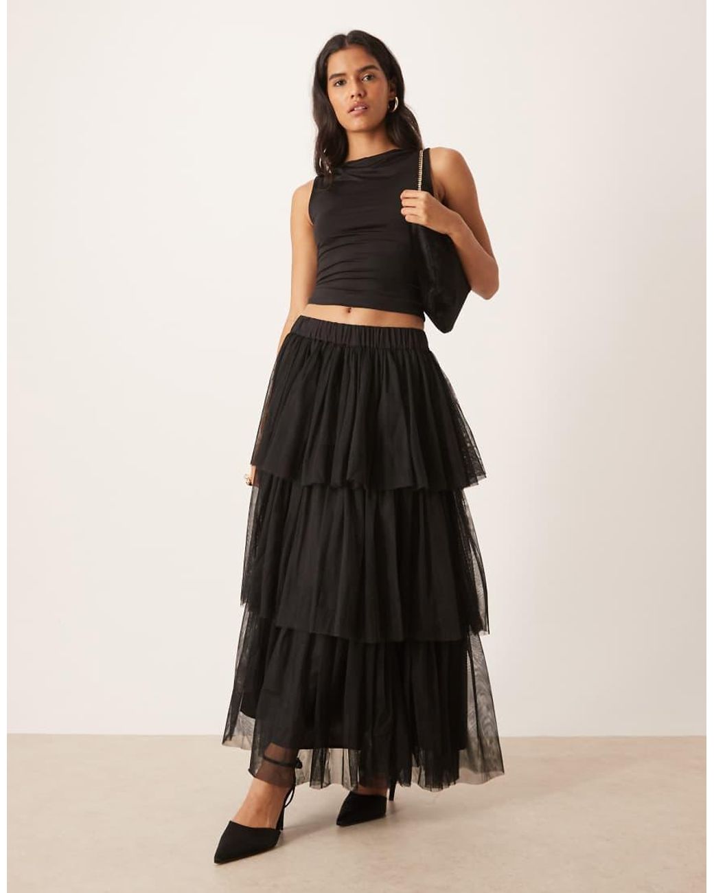 Y.A.S Black Tiered Tulle Midi Skirt