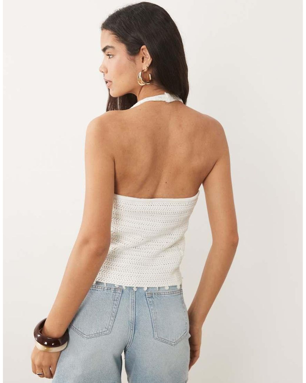 Mango White Teen Knitted Halterneck Top With Beaded Detail