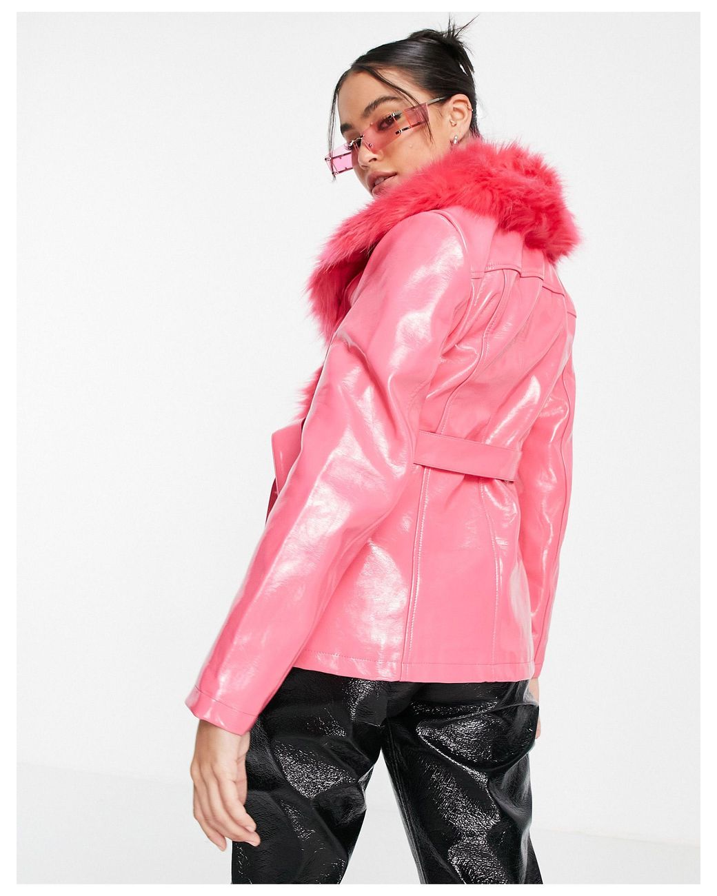 TOPSHOP Pu & Faux Fur Trim Belted Coat in Pink | Lyst