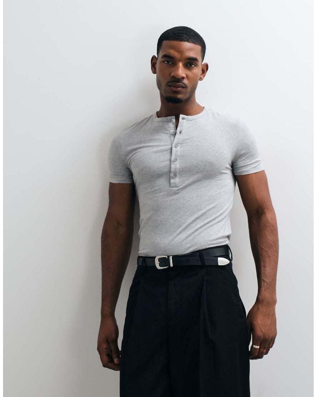 ASOS Gray Muscle Fit Long Sleeve Henley T-Shirt for men