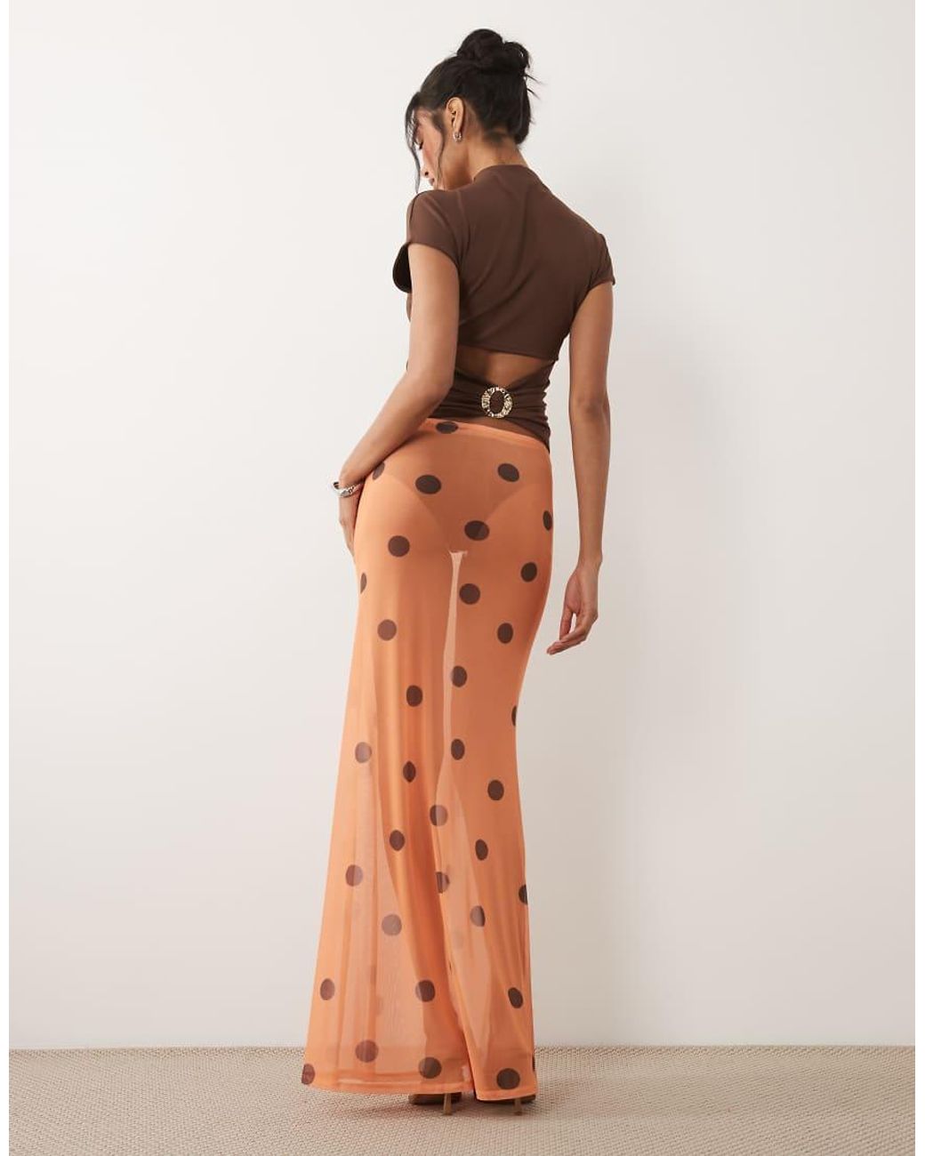 ASOS Brown Printed Sheer Mesh Maxi Skirt