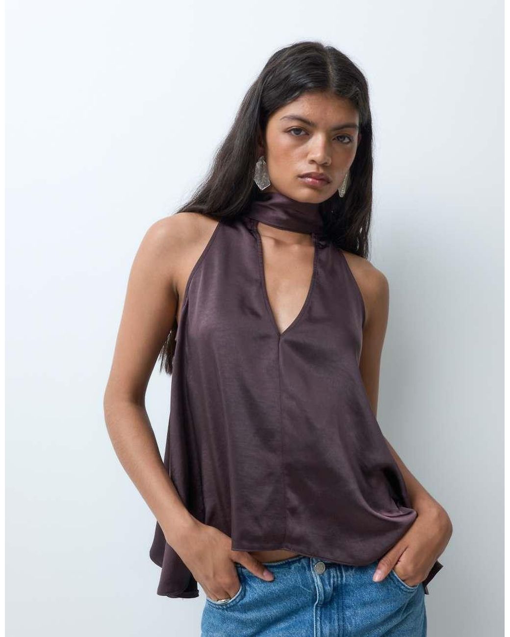 ASOS Brown Tailored Satin Open Back Halter Top