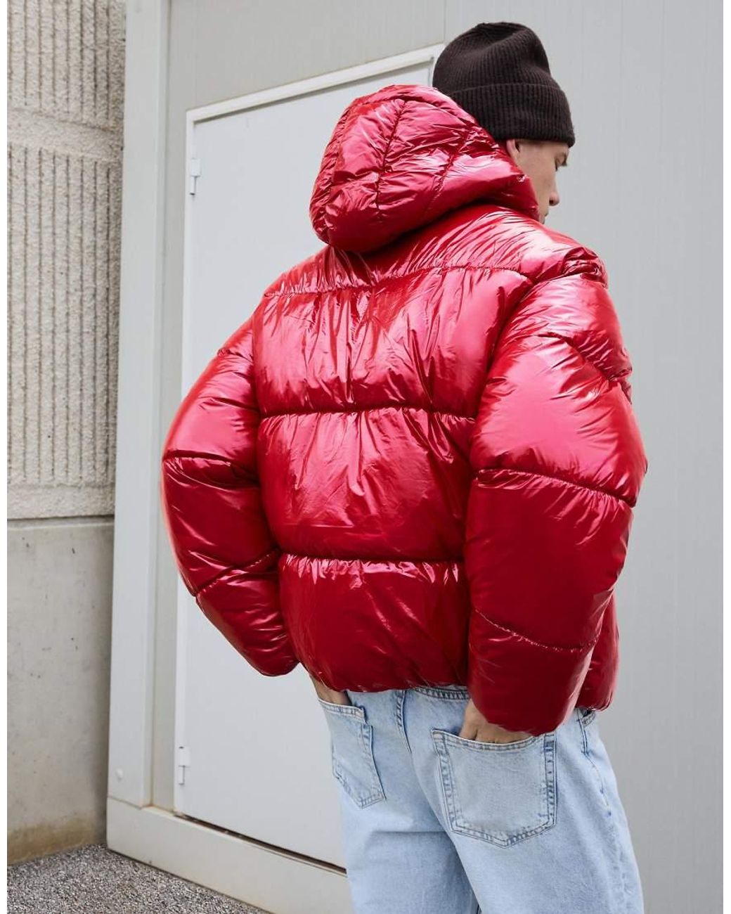 Bershka Red Hooded Puffer Jacket for men