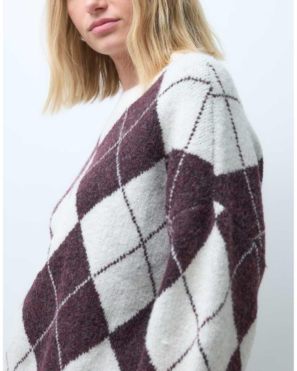 Vero Moda Gray Oversized Argyle Knitted Jumper