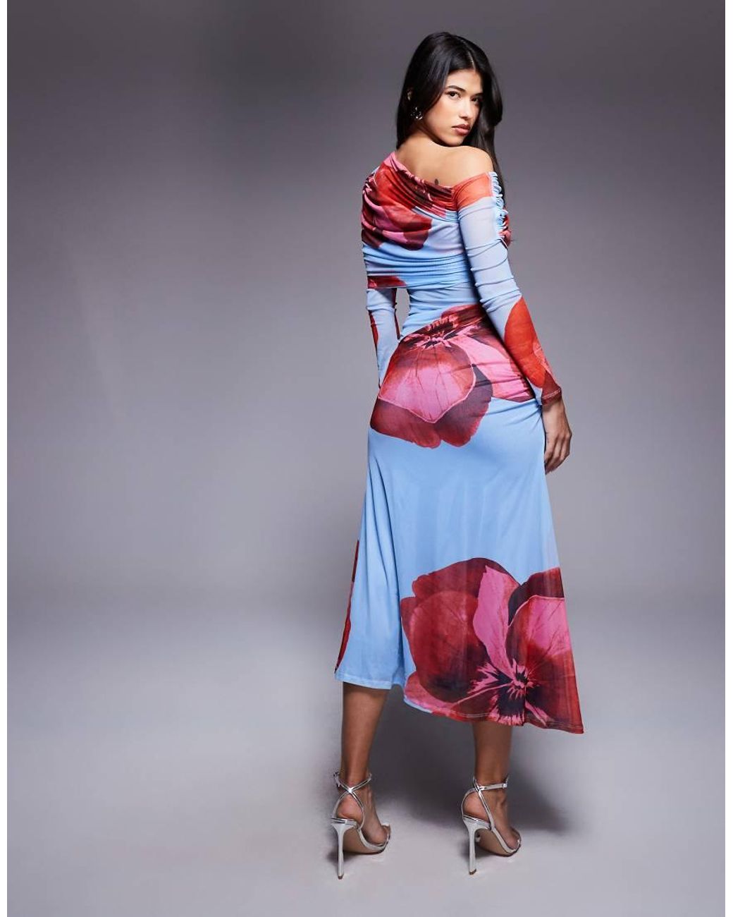 ASOS Blue Long Sleeve Slouchy Bardot Mesh Mix Maxi Dress