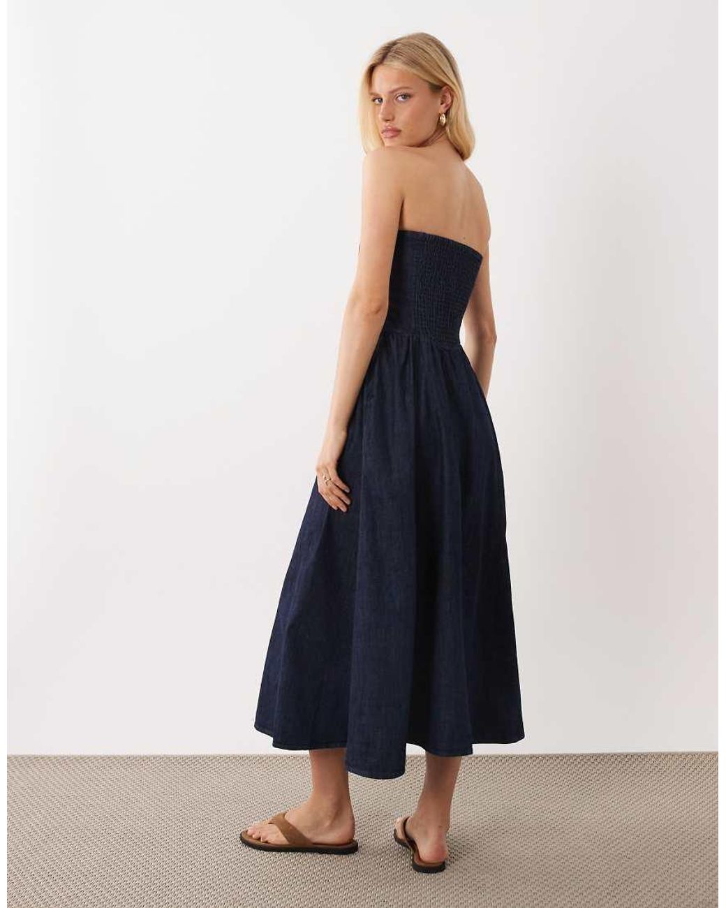 Mango Blue 100% Cotton Denim Off The Shoulder Midaxi Dress