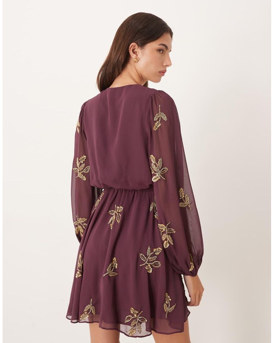 Maya Red Embellished Long Sleeve V Neck Mini Dress