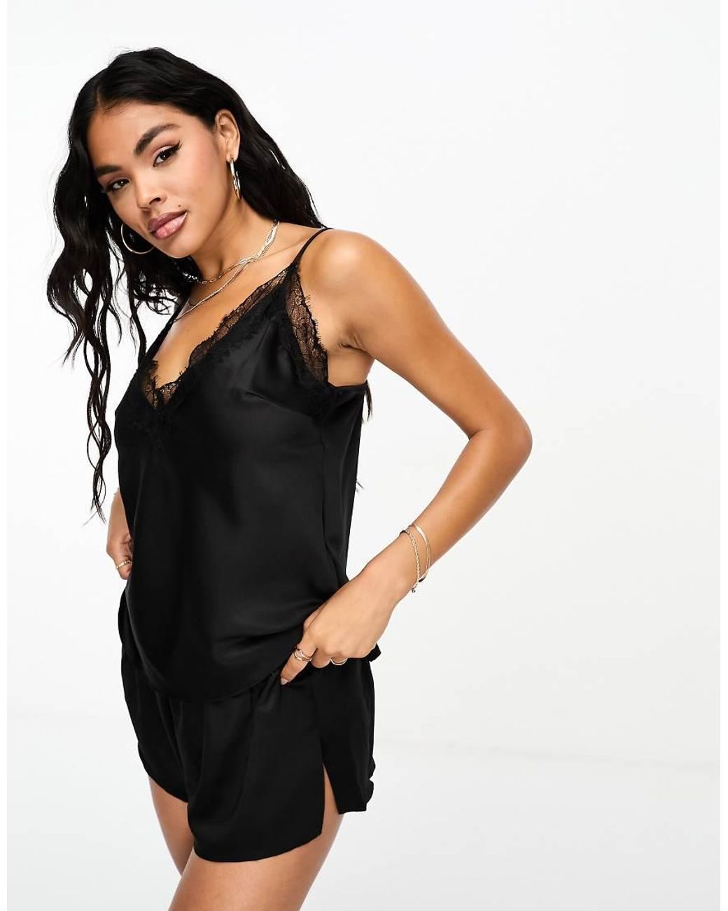Ann Summers Black Cerise Lace Trim Satin Cami Short Set