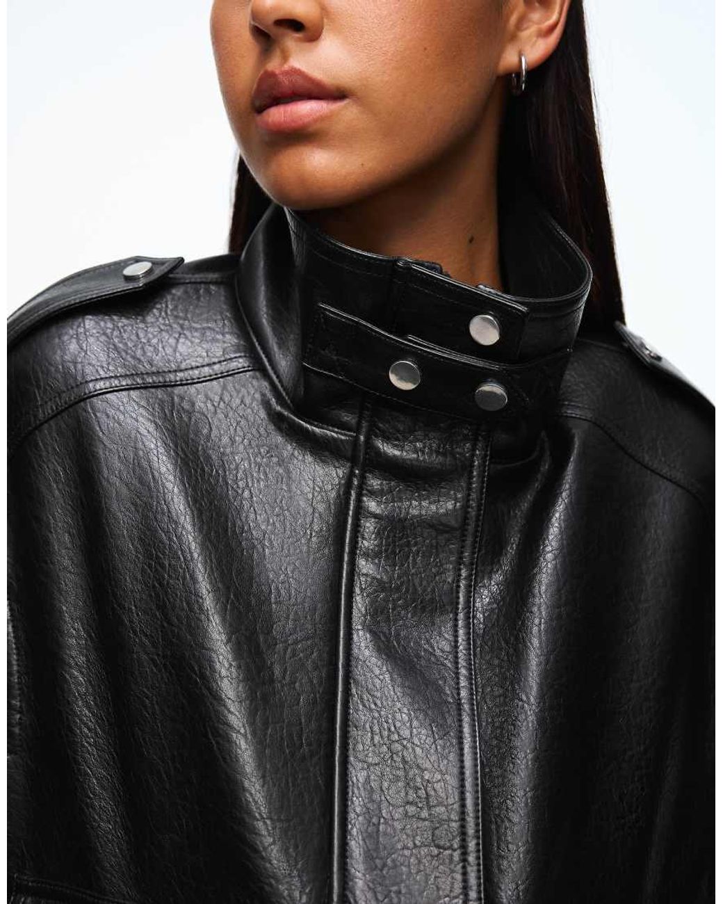 Bershka Black Leather Effect Funnel Neck Jacket