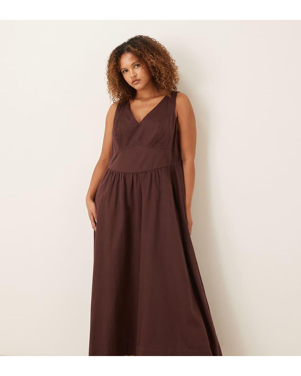 ASOS Brown Asos Design Curve Waisted V Neck Maxi Dress With Seaming Details