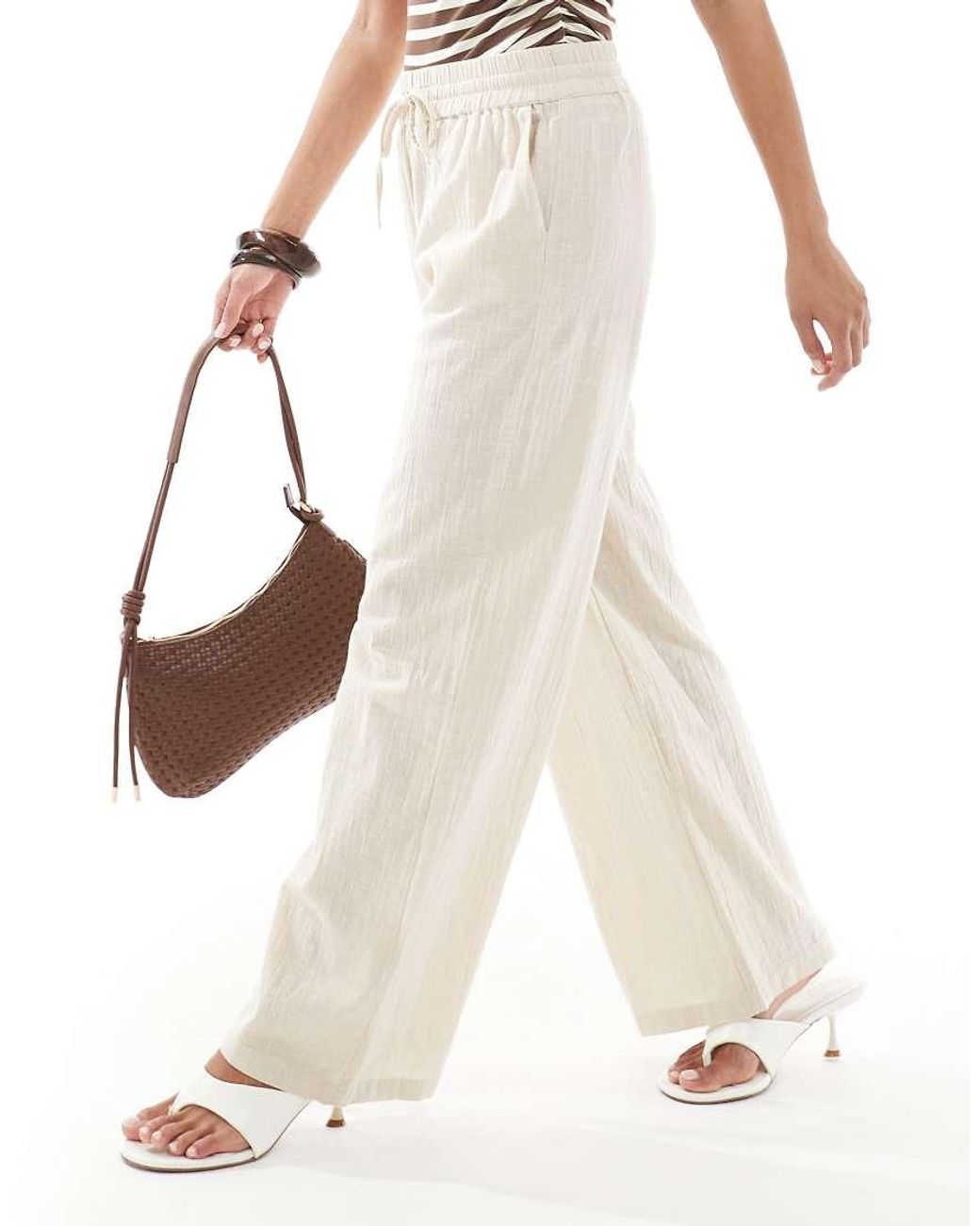 Only Petite White Wide Leg Linen Look Trousers