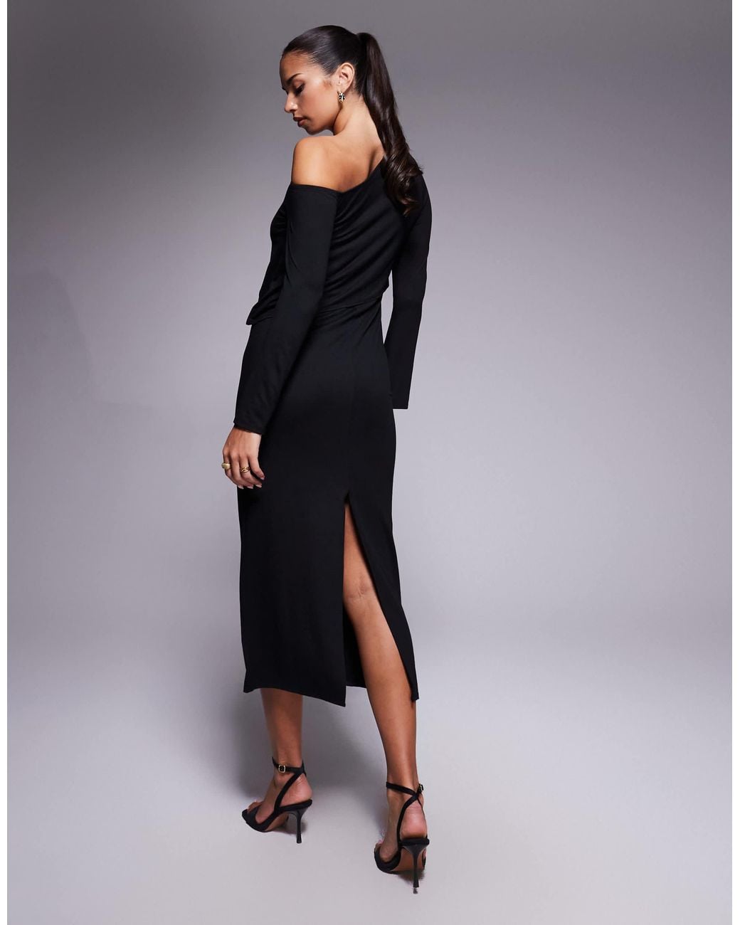 slim fit dress slacks Undress Thea Black Off-Shoulder Jersey Midi Dress