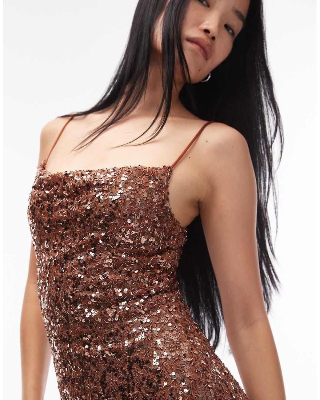 True Decadence Brown Bias Cut Strappy Sequin Maxi Dress