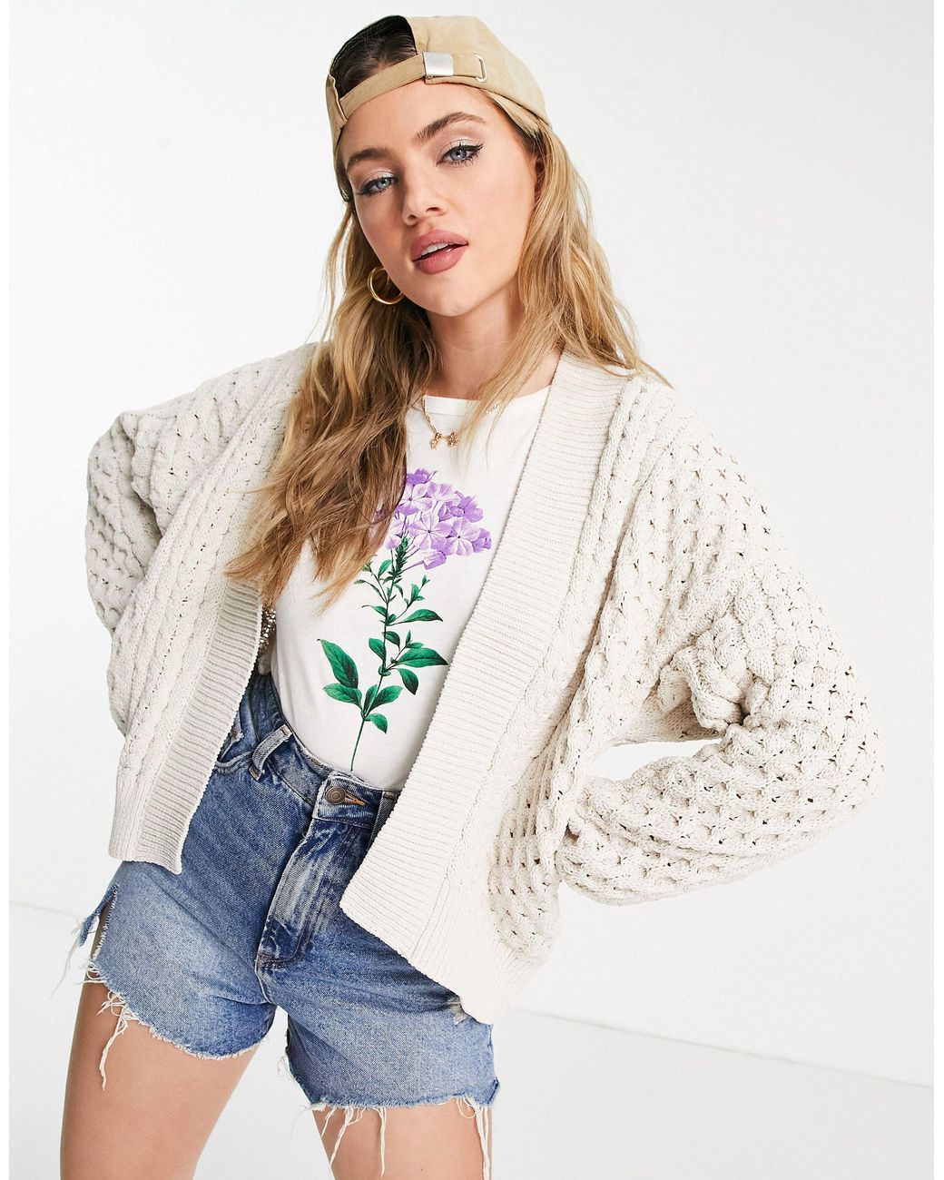 Abercrombie u0026 Fitch Cable Knit Slouchy Cardigan in White | Lyst