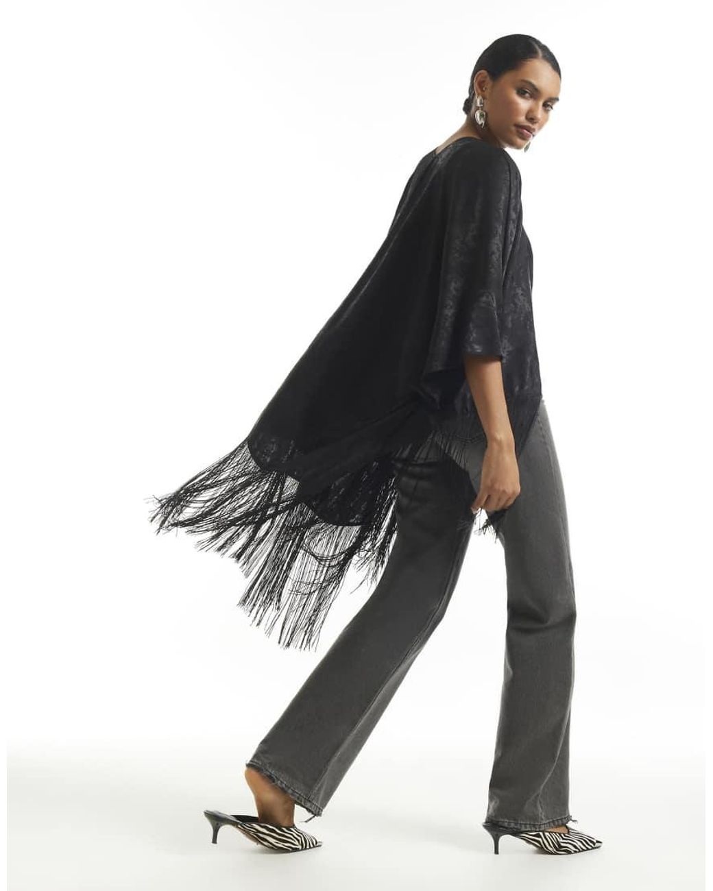 River Island Black Jacquard Tassel Trim Kimono