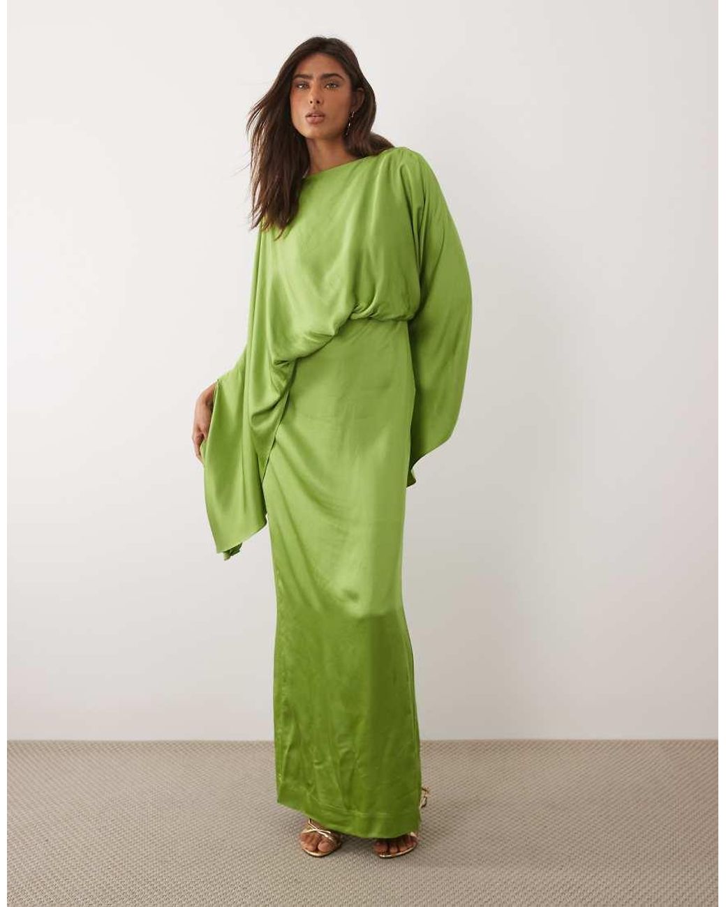 Mango Green Drape Detail Satin Half Sleeve Maxi Dress