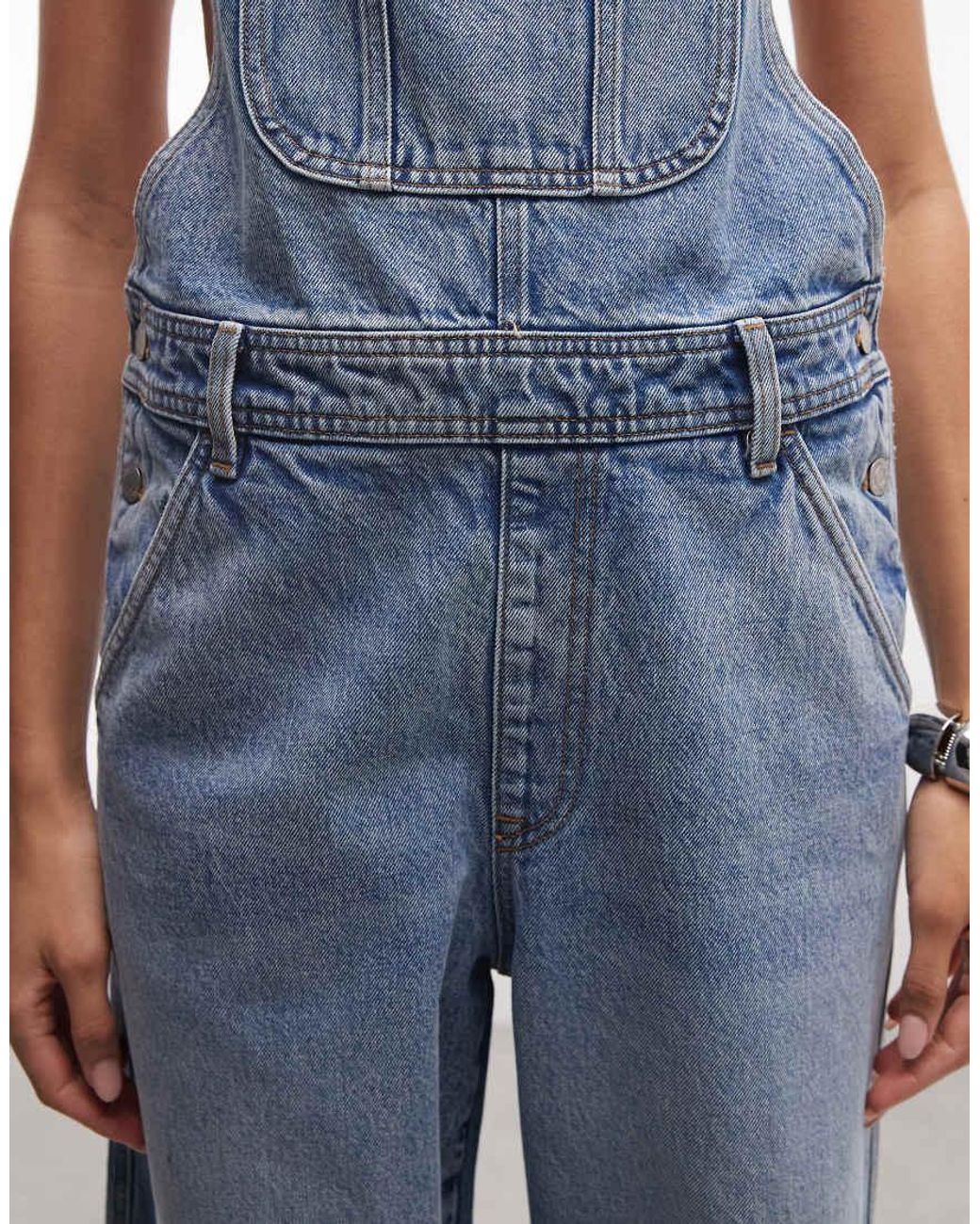 Monki Blue 90s Denim Wide Leg Dungaree Jumpsuit