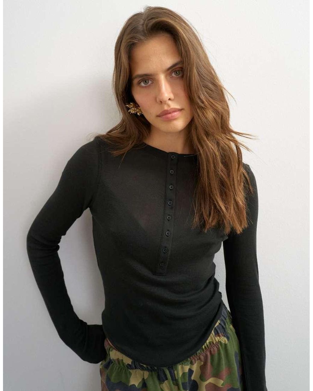 TOPSHOP Green Sheer Long Sleeve Henley